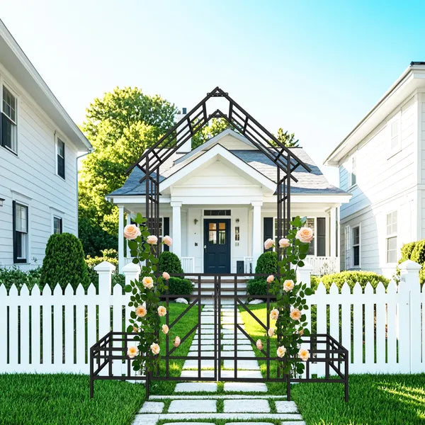 Metal Garden Arch With Gate With Planter W80.71*H97.24 Climbing Plants Support Rose Arch Outdoor Black
