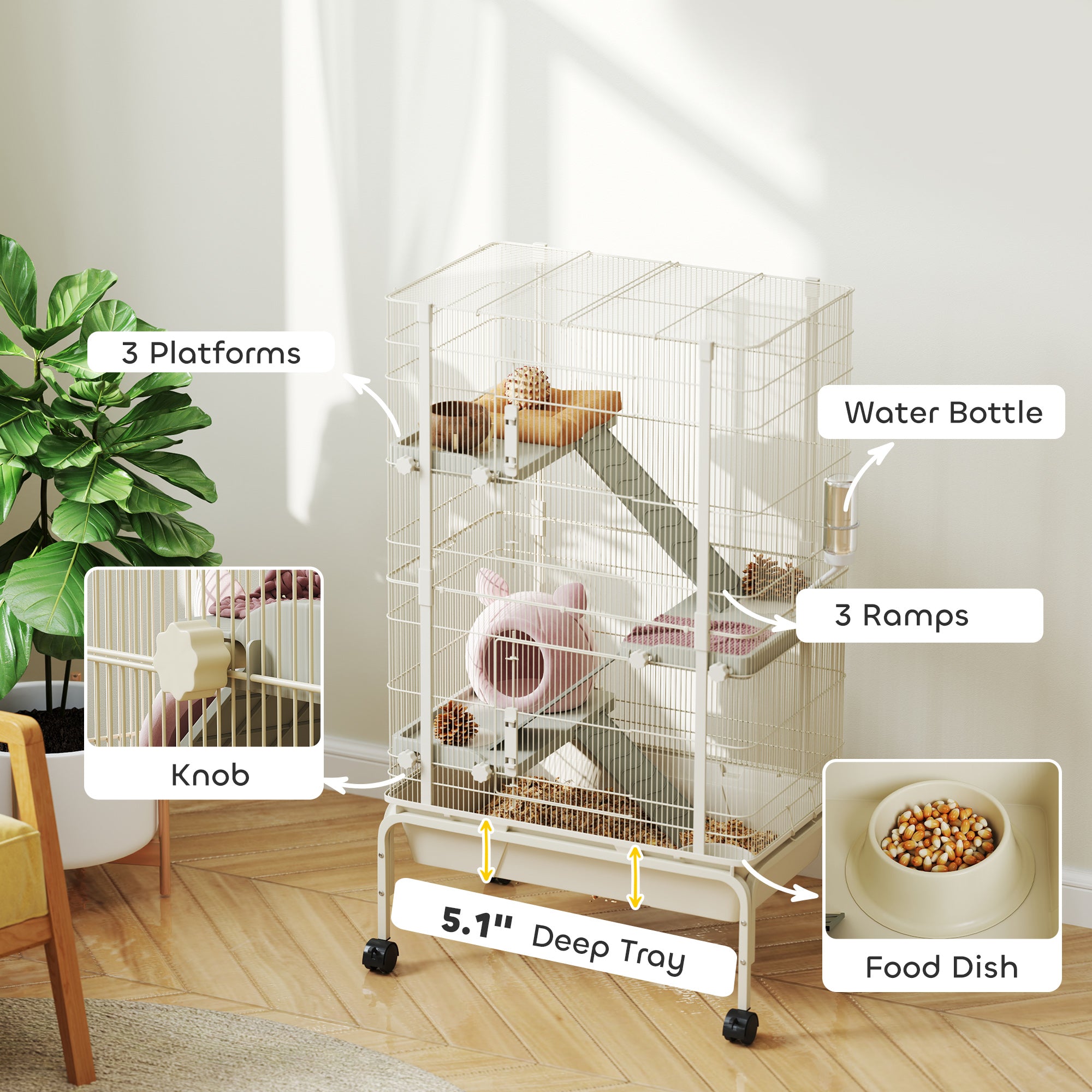 47" Small Animal Cage, 4 Levels Large Rolling Metal Ferret Cage w/ 5.9" Deep Tray, Ramps, Water Bottle, Food Dish, Beige