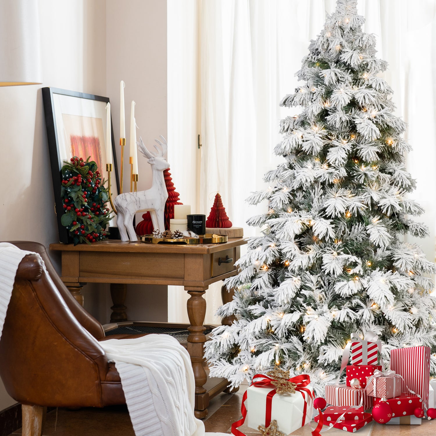 5FT 6FT 7FT 8FT Prelit Flocked Christmas Tree With Light, Snowy Pine Design, Warm White LED Lights, Hinged Branches, Metal Stand, Realistic Artificial Xmas Tree For Indoor Holiday Decoration