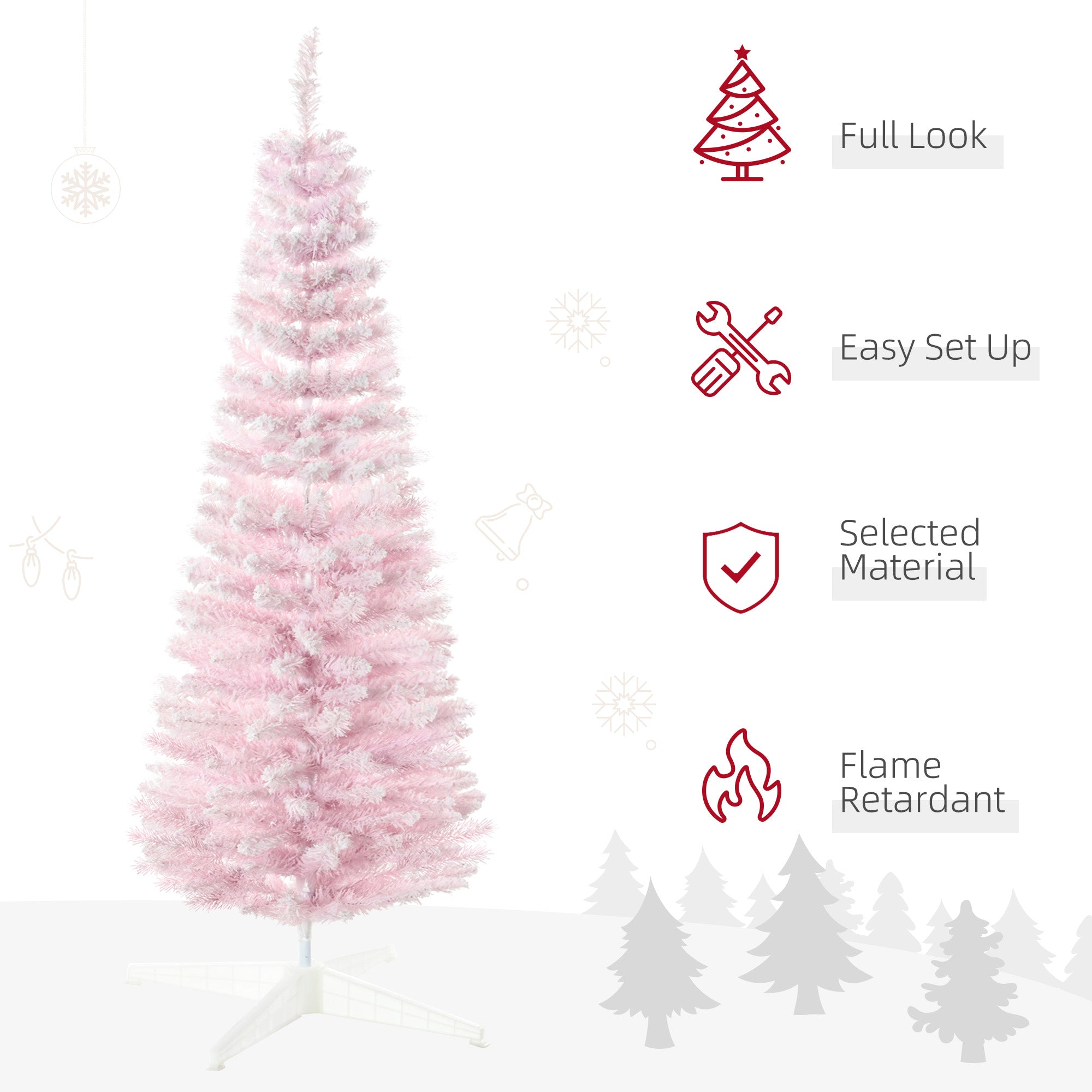 HOMCOM 5' Snow Flocked Artificial Pencil Christmas Tree, Slim Xmas Tree With Realistic Branches And Plastic Base Stand For Indoor Decoration, Pink