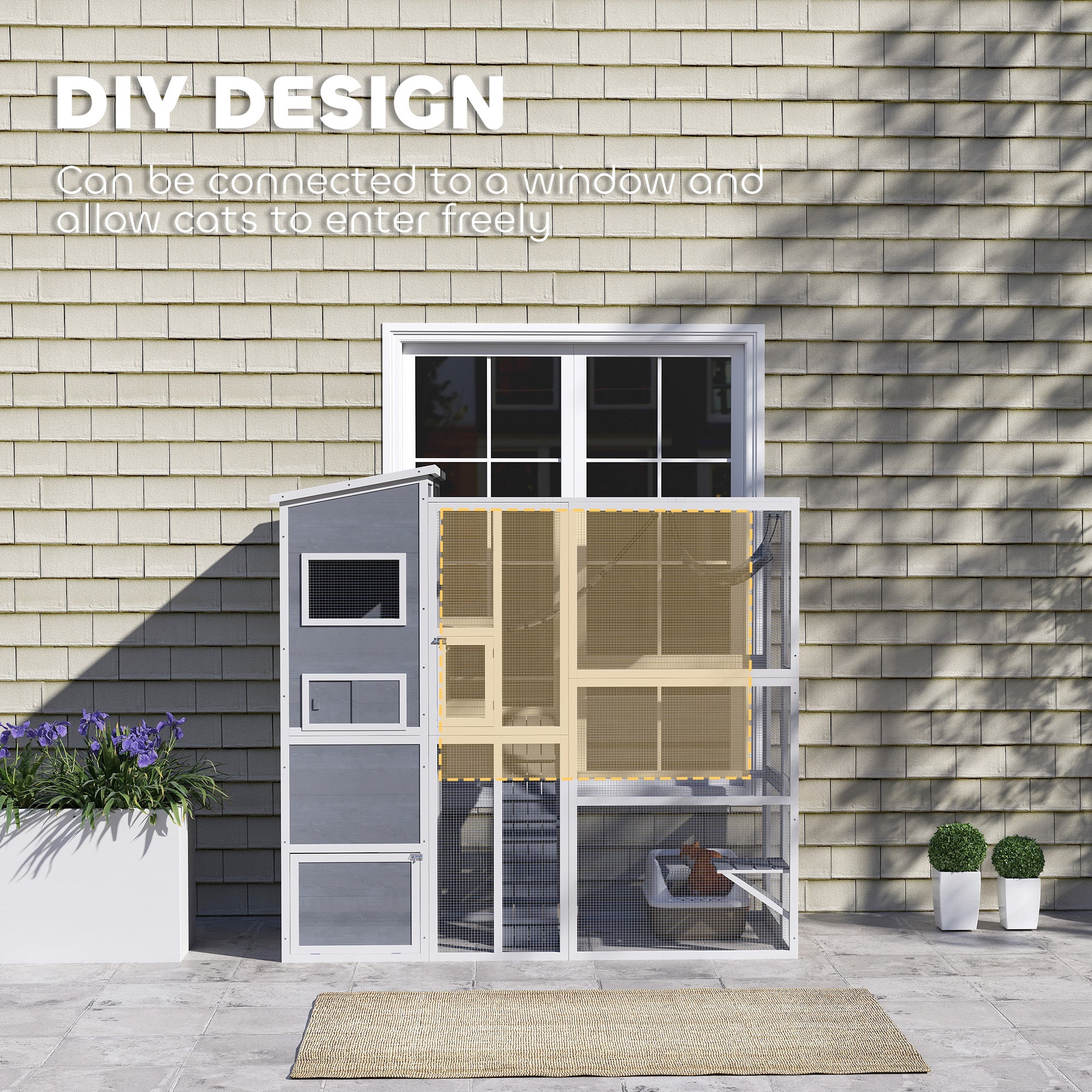Large Wooden Outdoor, Cat Enclosure W 4 Tier Resting Rooms, 3 Platforms, 1 Soft Ladder, 2 Ramps, 1 Hammock, Gray