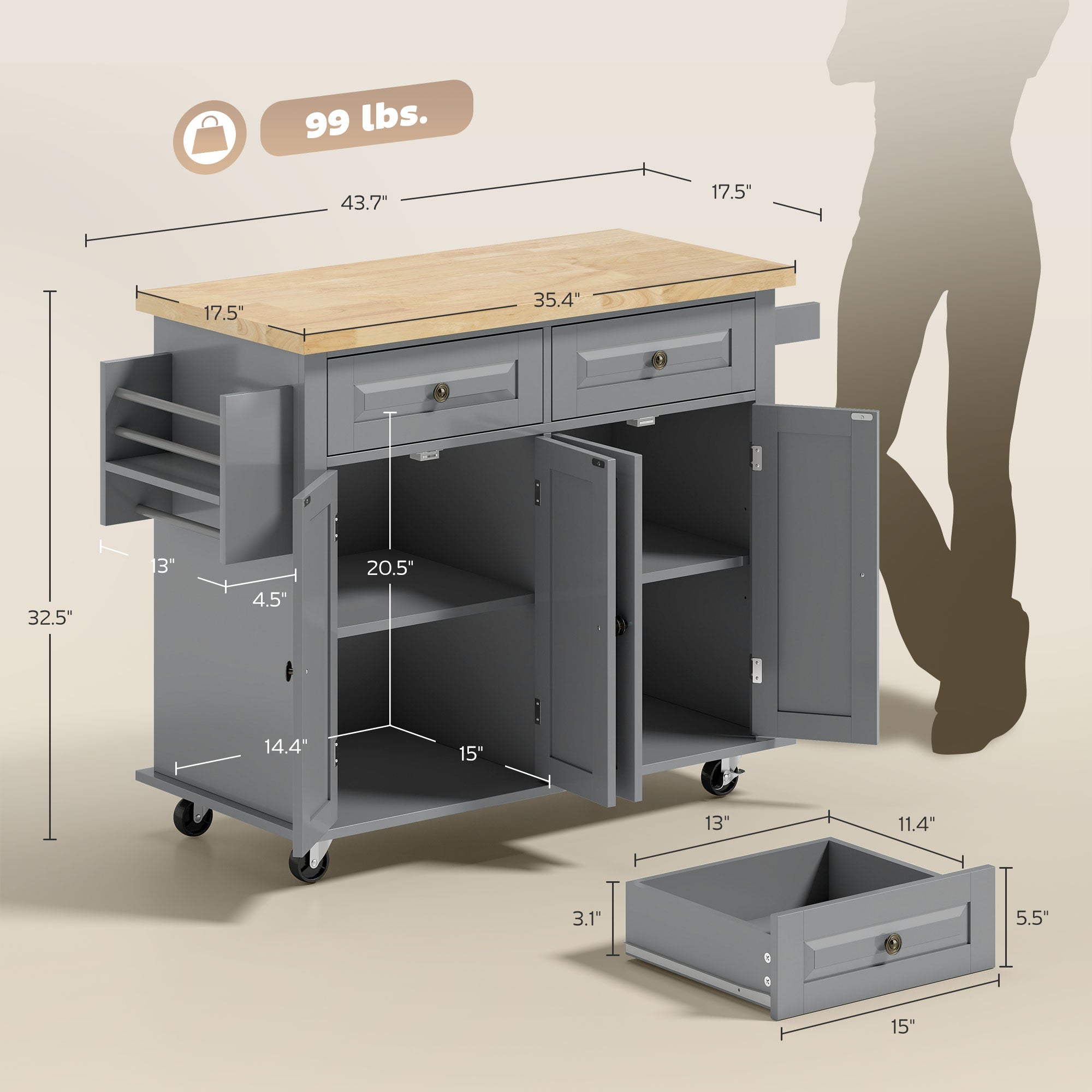 Kitchen Island Cart with Rubber Wood Top, Rolling Kitchen Island Table on Wheels with Drawers, Adjustable Shelves, Spice Rack and Towel Rack for Dining Room, Gray
