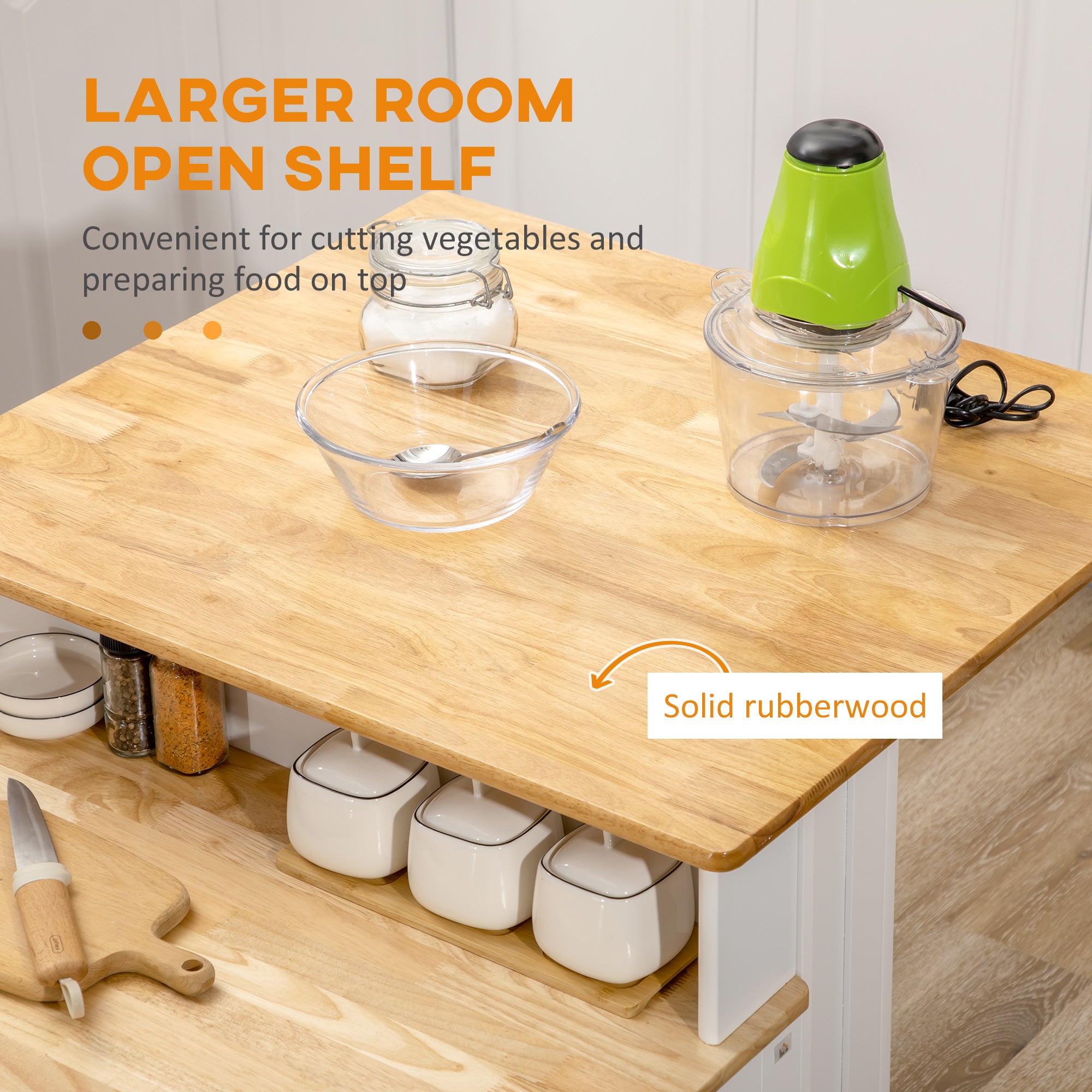 Kitchen Island with 2-Level Rubber Wood Tabletop, Island Table with Adjustable Shelves and Drawers, White