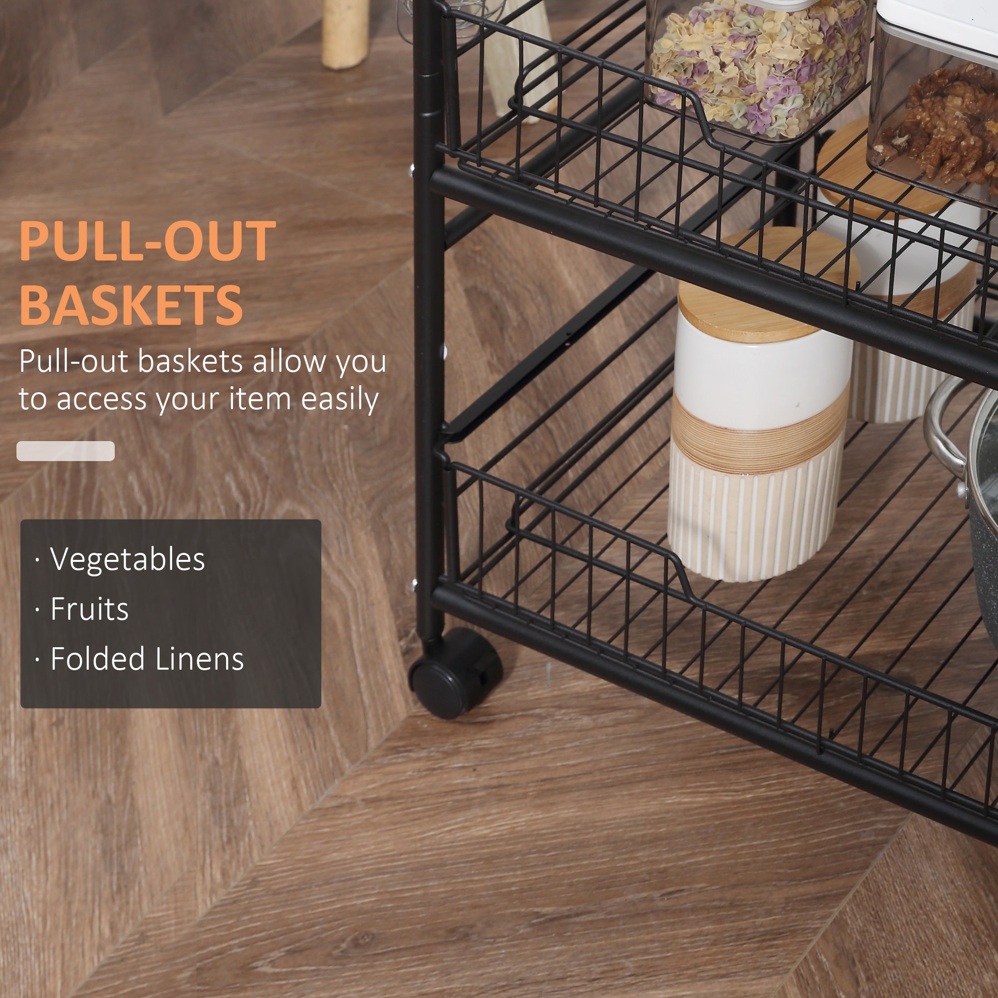 3 Tier Kitchen Cart with Storage, Rolling Kitchen Island Cart with 2 Sliding Fruit Basket and Side Hooks for Dining Room, Rustic Brown