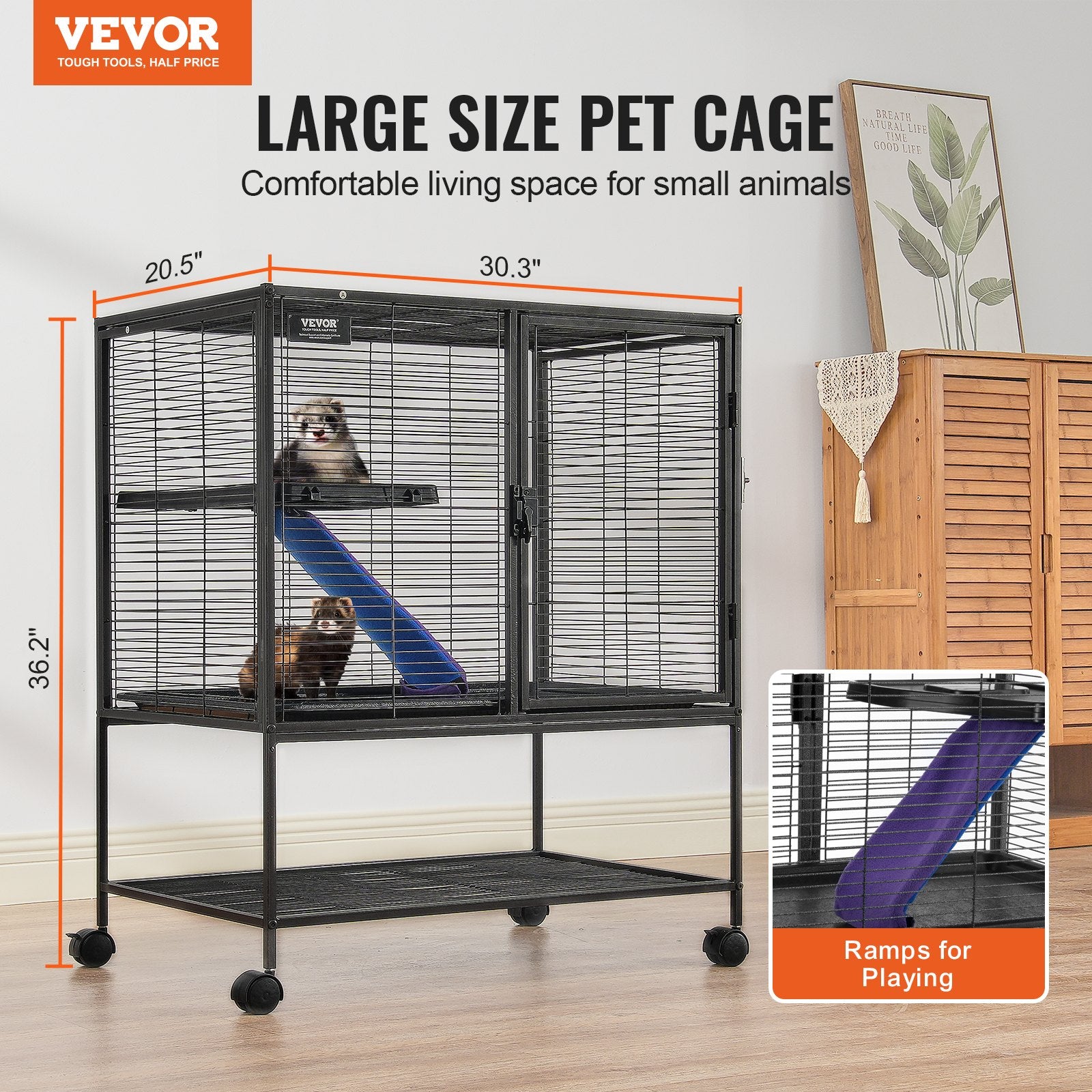 36' Metal Small Animal Cage 2-Tier Rolling Ferret Cage With Tray A Ramp