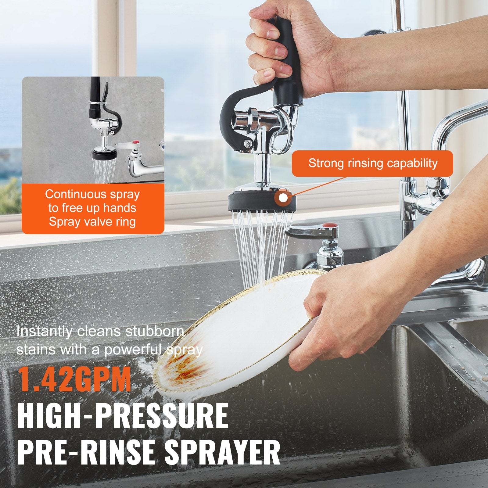 Commercial Faucet With Pre-Rinse Sprayer, 25' Height, 8' Center, 12' Swing Spout, Wall Mount Kitchen Sink Faucet, Brass Constructed Device With Pull Down Spray, For 1/2/3 Compartment Sink