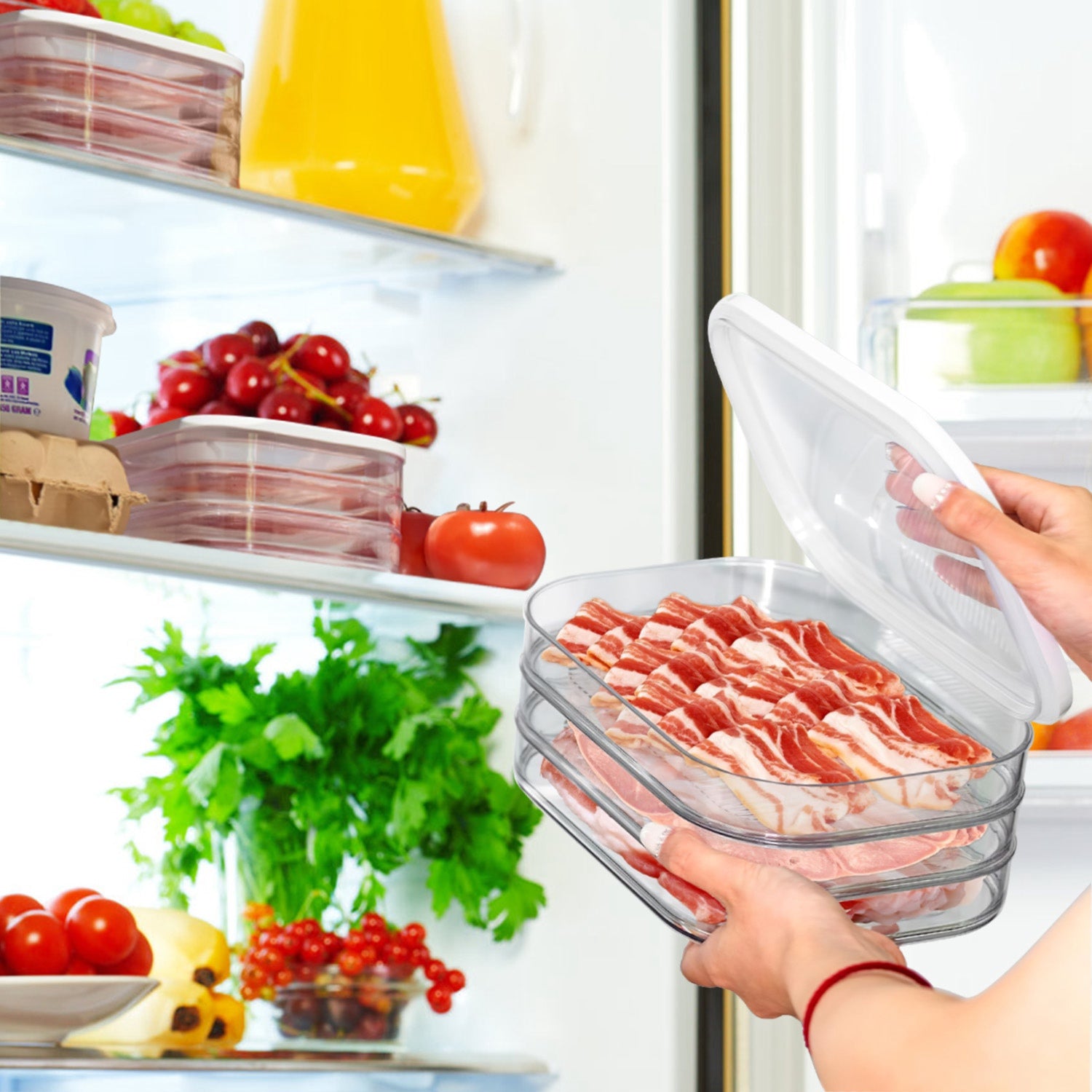 2Pcs Deli Meat Container With Lid For Fridge Stackable Bacon Container Clear Food Storage Box With Lid Meal Prep Container For Lunch Meat Salami Cold Nuts