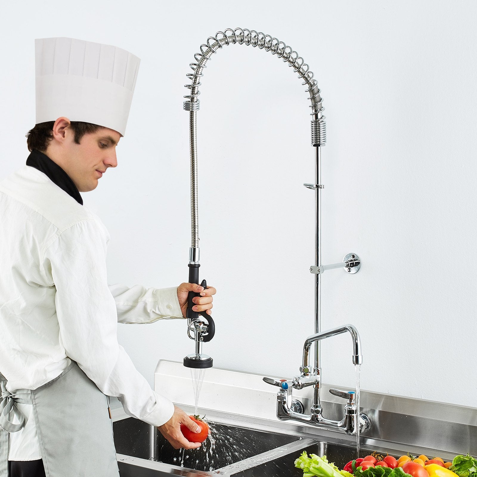 Commercial Faucet With Pre-Rinse Sprayer, 47' Height, 8' Center, 12' Swing Spout, Wall Mount Kitchen Sink Faucet, Brass Constructed Device With Pull Down Spray, For 1/2/3 Compartment Sink