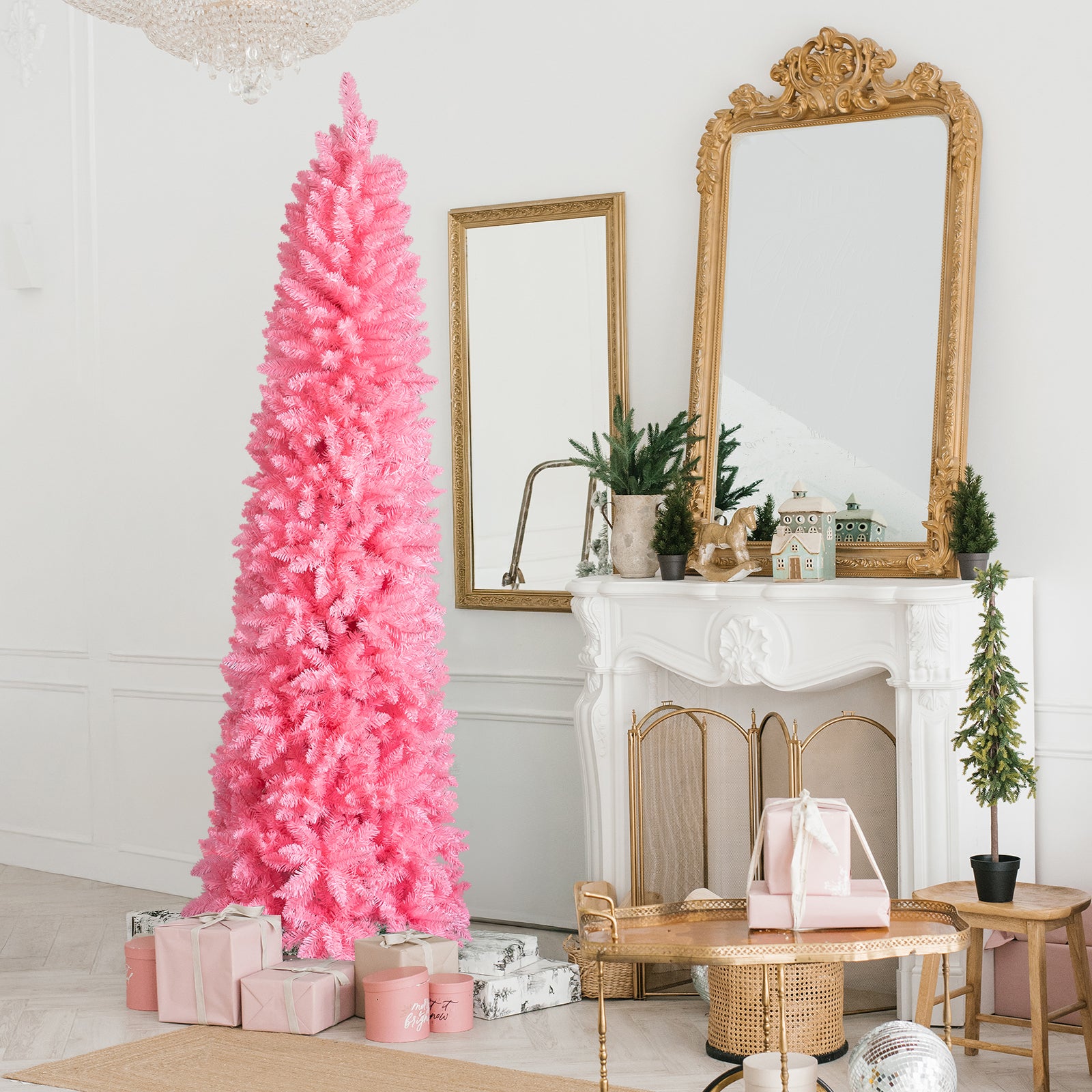 7.5 FT Hinged Christmas Tree, Artificial Pencil Christmas Tree, Unlit Artificial Christmas Pine Tree With 1075 Branch Tips And Sturdy Stand, Pink