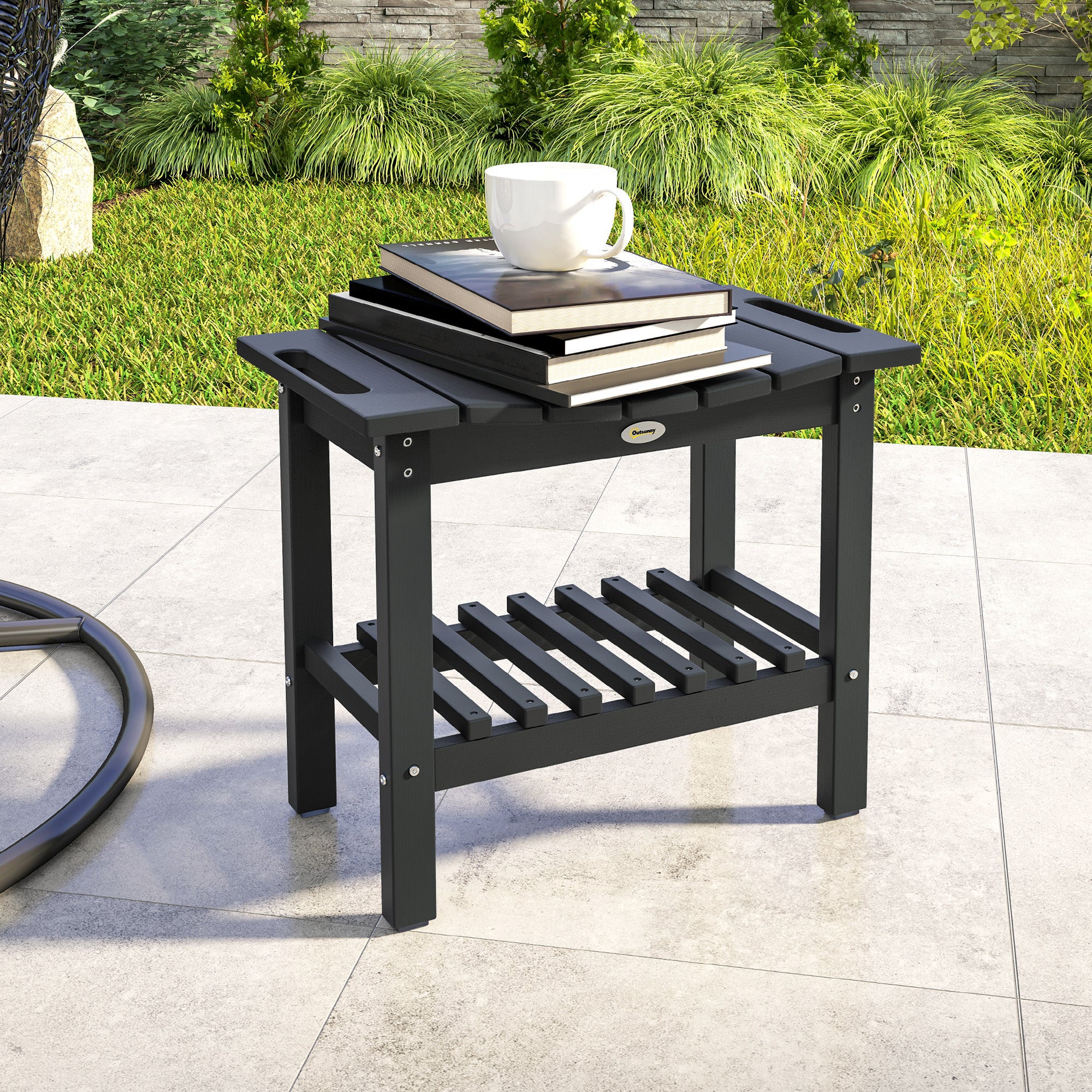 HDPE Shower Bench, Waterproof Shower Stool with Handle, Storage Shelf, Non-Slip Pads for Indoor Outdoor, Black