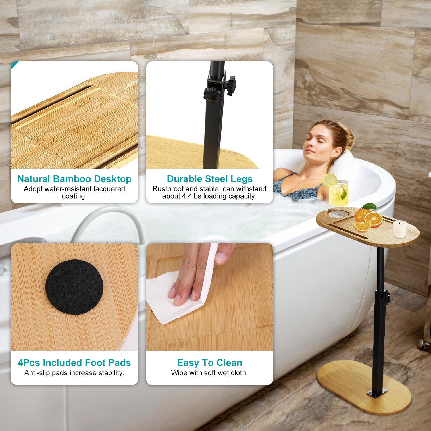 1Pc C-Shaped Bathtub Tray Table With Adjustable Height 360Degree Rotatable Desktop Freestanding Bath Caddy Against Wall Couch Bed Sofa Side Table