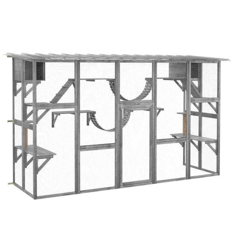 Playground Cat Window Box Outside Enclosure For Multiple Cats W Shelves & Bridges, Gray