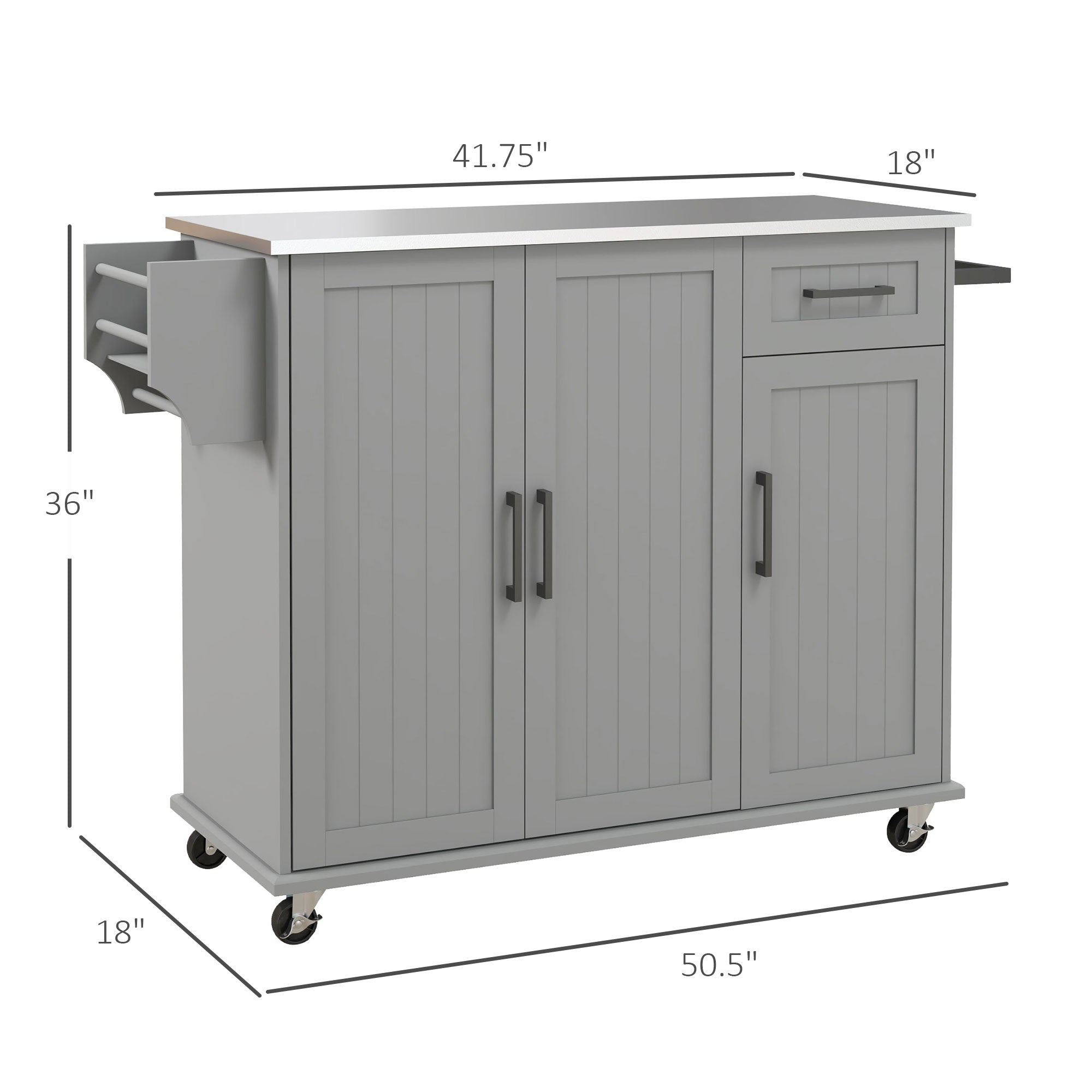 Kitchen Island with Wheels, Kitchen Island on Wheels with Drawer, 3 Cabinets, Stainless Steel Countertop, Gray