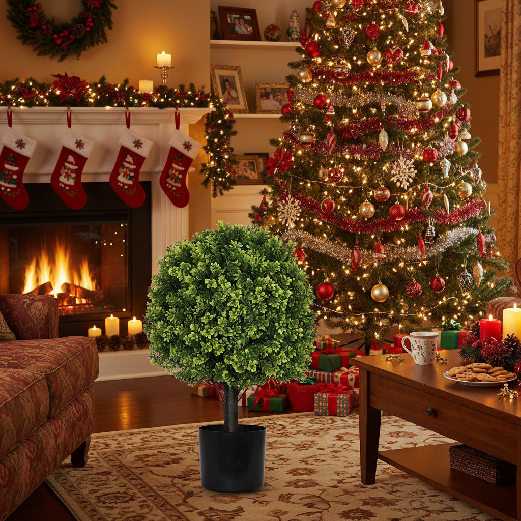 2PCS Set 22in Artificial Trees Natural Topiary Balls Outdoor Decor Pre-Lit Faux Plants For Porch Patio Balcony Year-Round Holiday Home Decor Vibrant Greenery