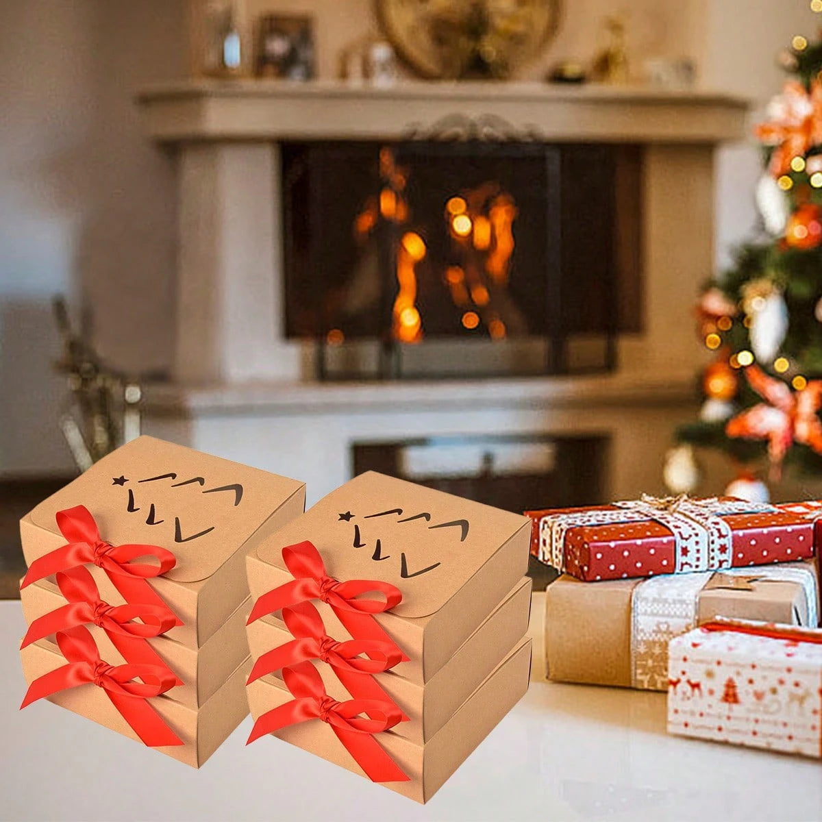 10PCS Christmas Gift Box With Lids Kraft Paper Gift Box With Ribbon Christmas Tree Present Treat Boxes For Holiday Party Favor Supplies