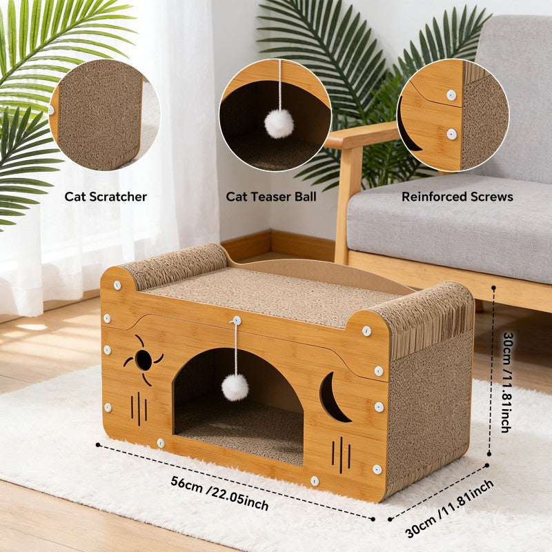 Star & Moon Cutout Cat Scratcher Couch, 56cm Size, With Teaser Ball, For Large & Multi-Cat Households