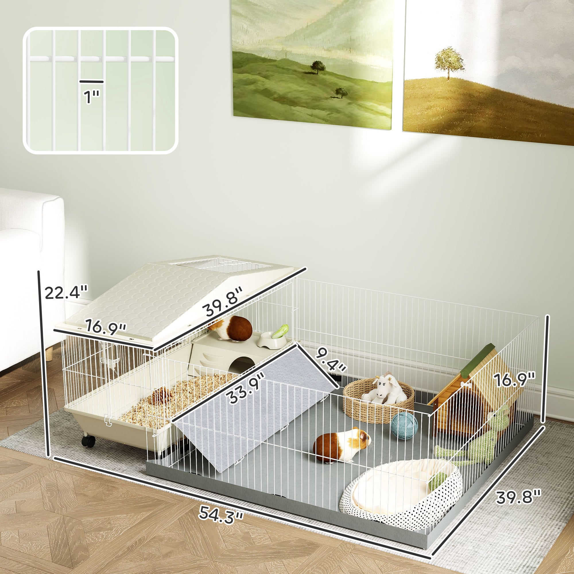 Small Animal Cage with Removable Pet Playpen, Guinea Pig Cage with Waterproof Pad, Hay Feeder, Water Bottle, Food Dish
