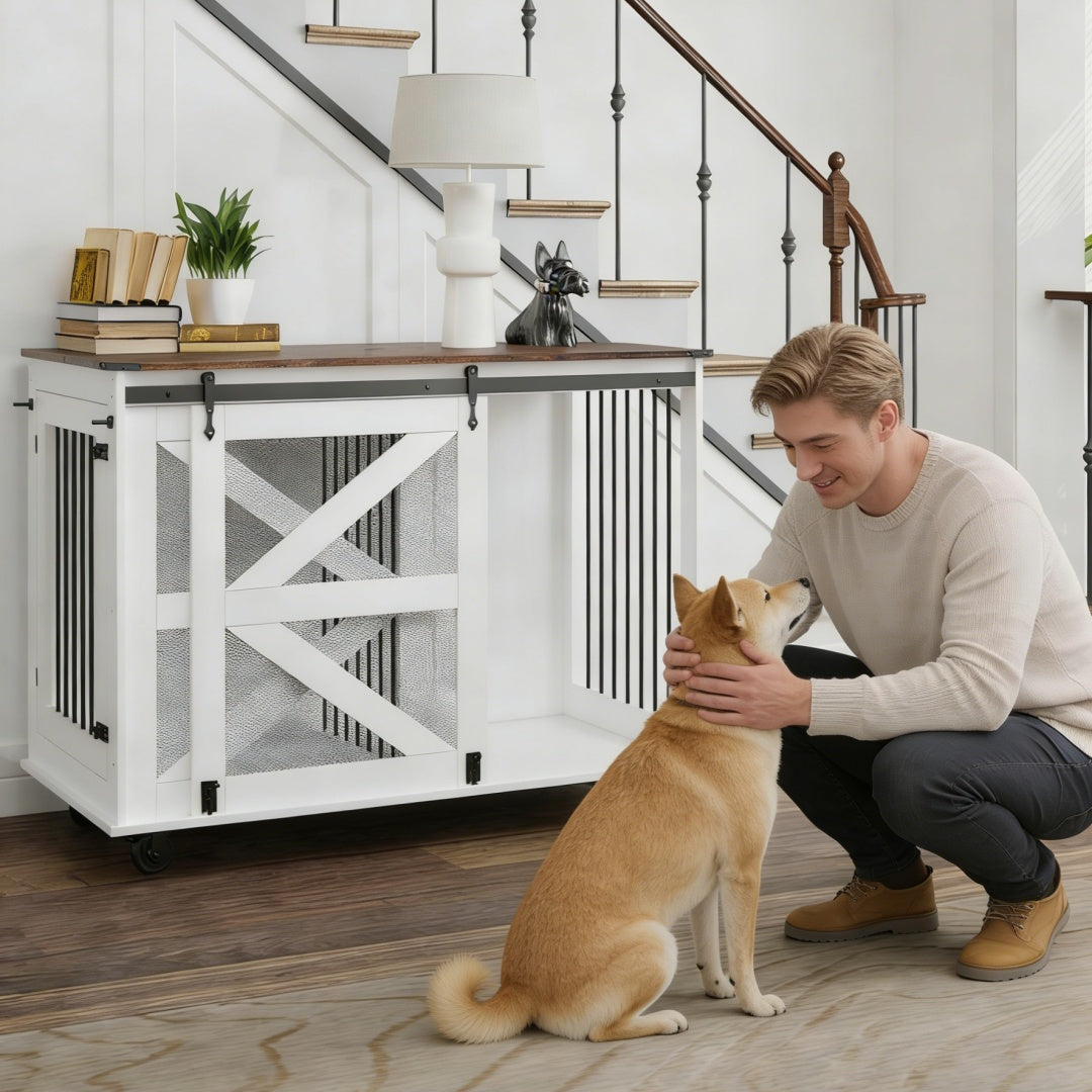 47.2 Mobile Dog Crate With Flip-Top Feeding Door, Dual-Access & 5 Caster System 2 Locking, Side Hooks - Multi-Functional Pet Kennel,double Dog Crate Furniture