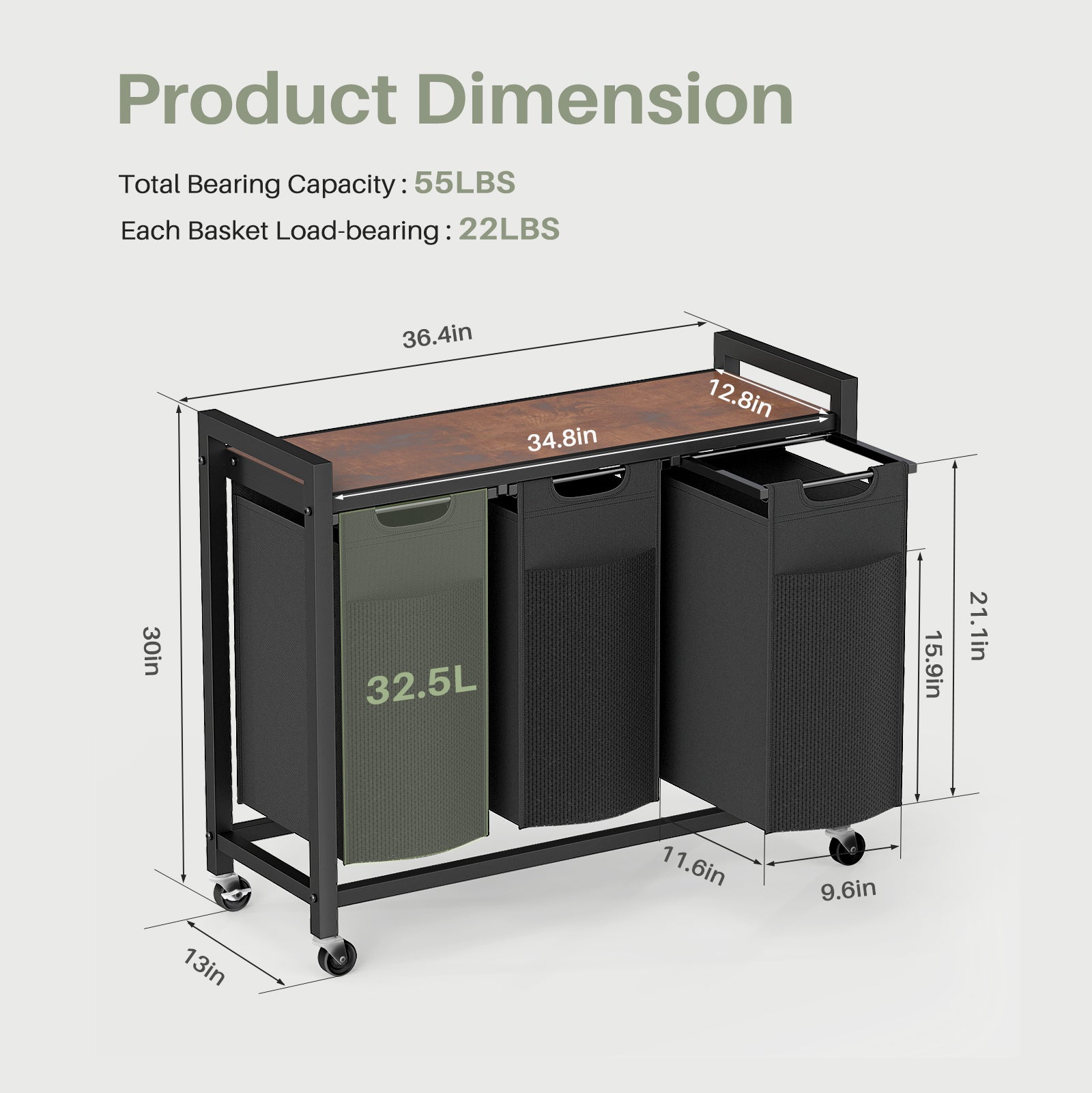 Laundry Hamper With 3 Pull-Out Removable Laundry Bags Clothing Sorter With Shelf And Wheels Adjustable Feet, 3 X 8.6 Gallons