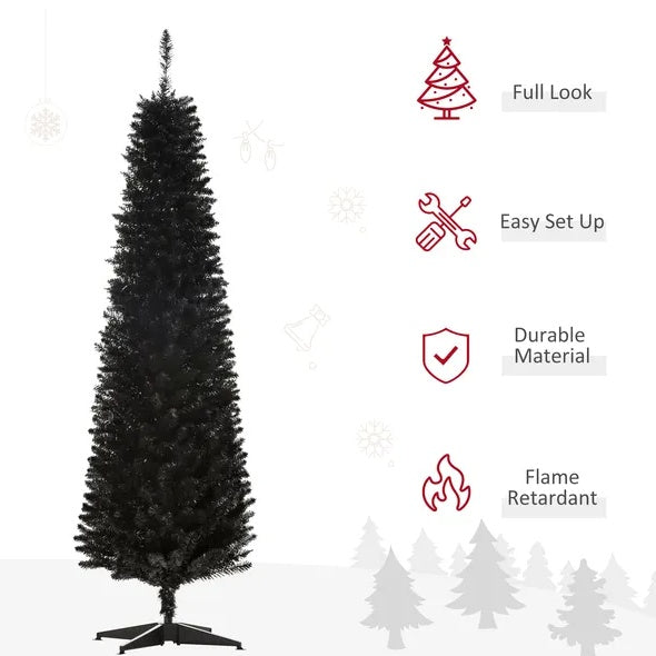 6 Ft Artificial Pencil Christmas Tree, Slim Xmas Tree With 390 Realistic Branch Tips And Plastic Stand, Black