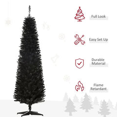 6 Ft Artificial Pencil Christmas Tree, Slim Xmas Tree With 390 Realistic Branch Tips And Plastic Stand, Black