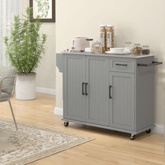 Kitchen Island with Wheels, Kitchen Island on Wheels with Drawer, 3 Cabinets, Stainless Steel Countertop, Gray