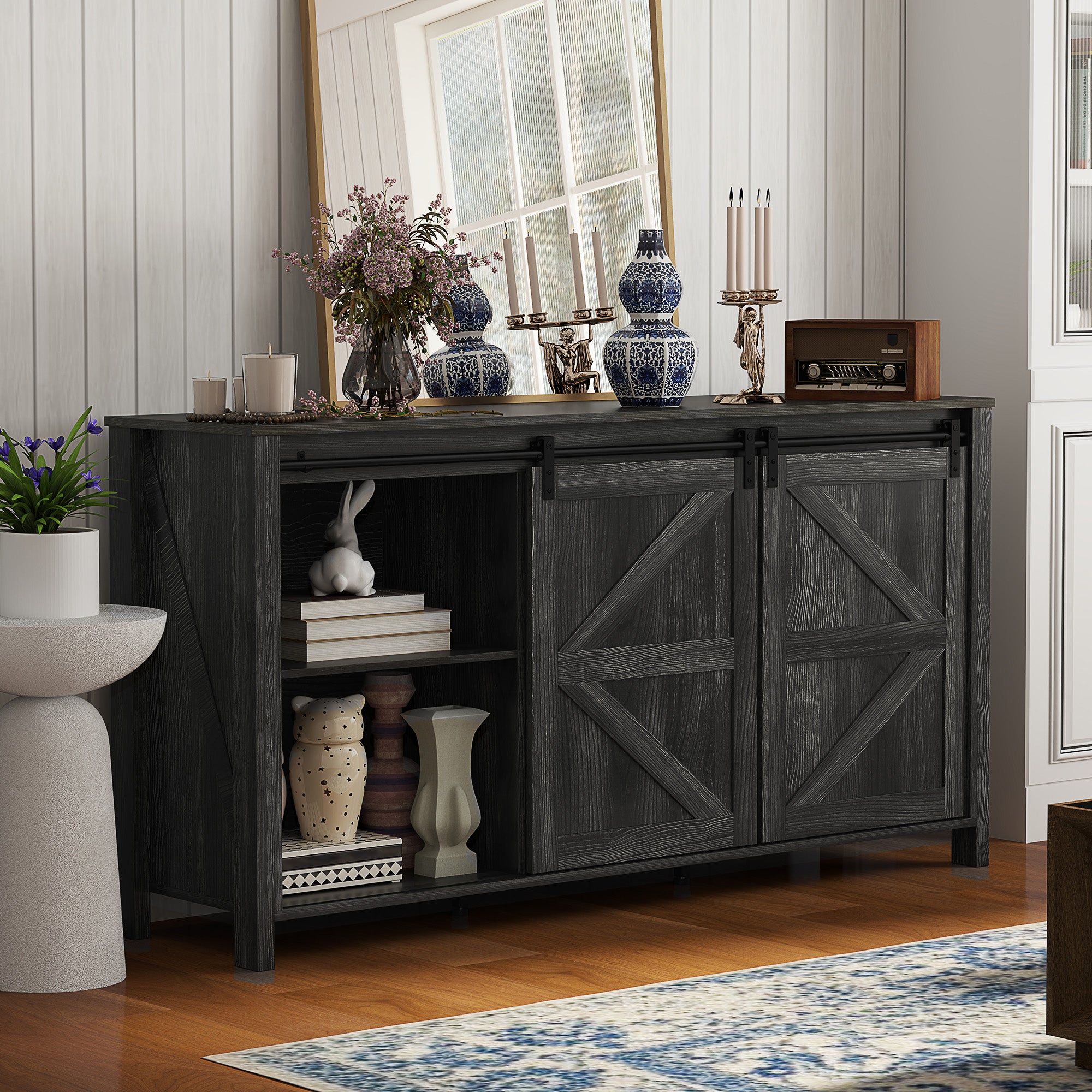 60" Buffet Cabinet, Farmhouse Sideboard with Sliding Barn Doors, Drawers and Adjustable Shelves, Distressed Dark Gray