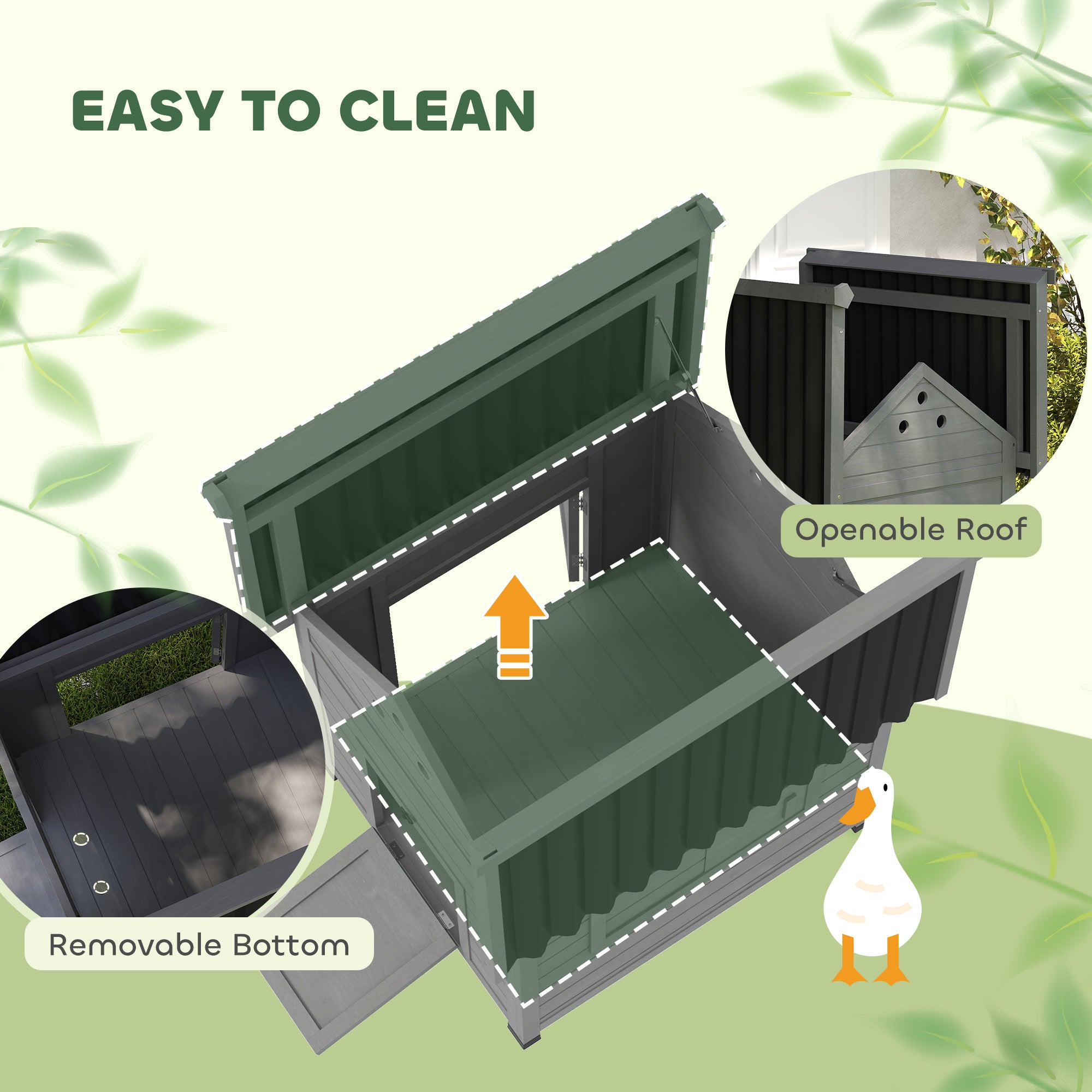 Duck Coop, Wooden Duck House with Openable Roof & Double Doors, Light Gray