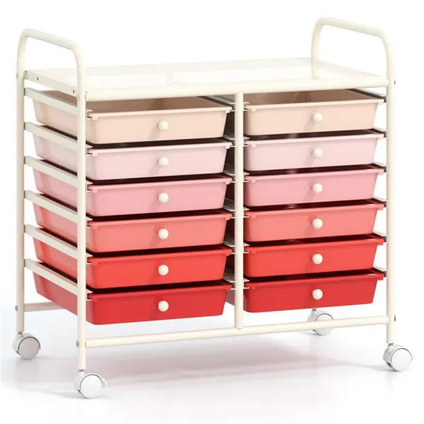 12-Drawer Rolling Storage Cart - 2-Row 10-Storey, Multicolor Drawers, 4 Wheels (2 Brake), White Frame-Pink