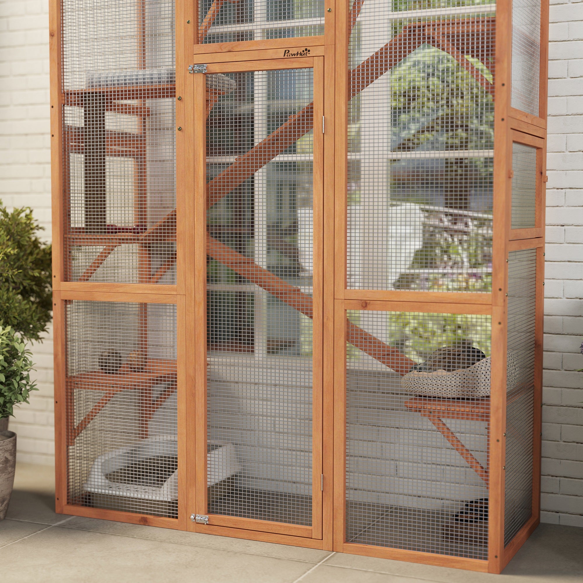 Outdoor Catio Cat Enclosure, Large Wooden Cat House with 6 Jumping Platforms, Scratching Post, 2 Ramps, for 2-3 Kittens