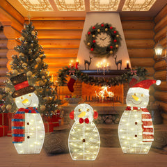 3Pcs 2D Christmas Snowman Yard Decoration Snowman Family Outdoor Decoration With 60Pcs LED Warm Yellow Lights IP44 Waterproof For Christmas Indoor Outdoor Holiday Display