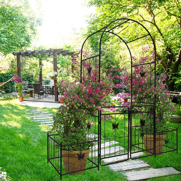 Metal Garden Arch With Gate 79.5'' Wide X 86.6'' High Climbing Plants Support Rose Arch Outdoor