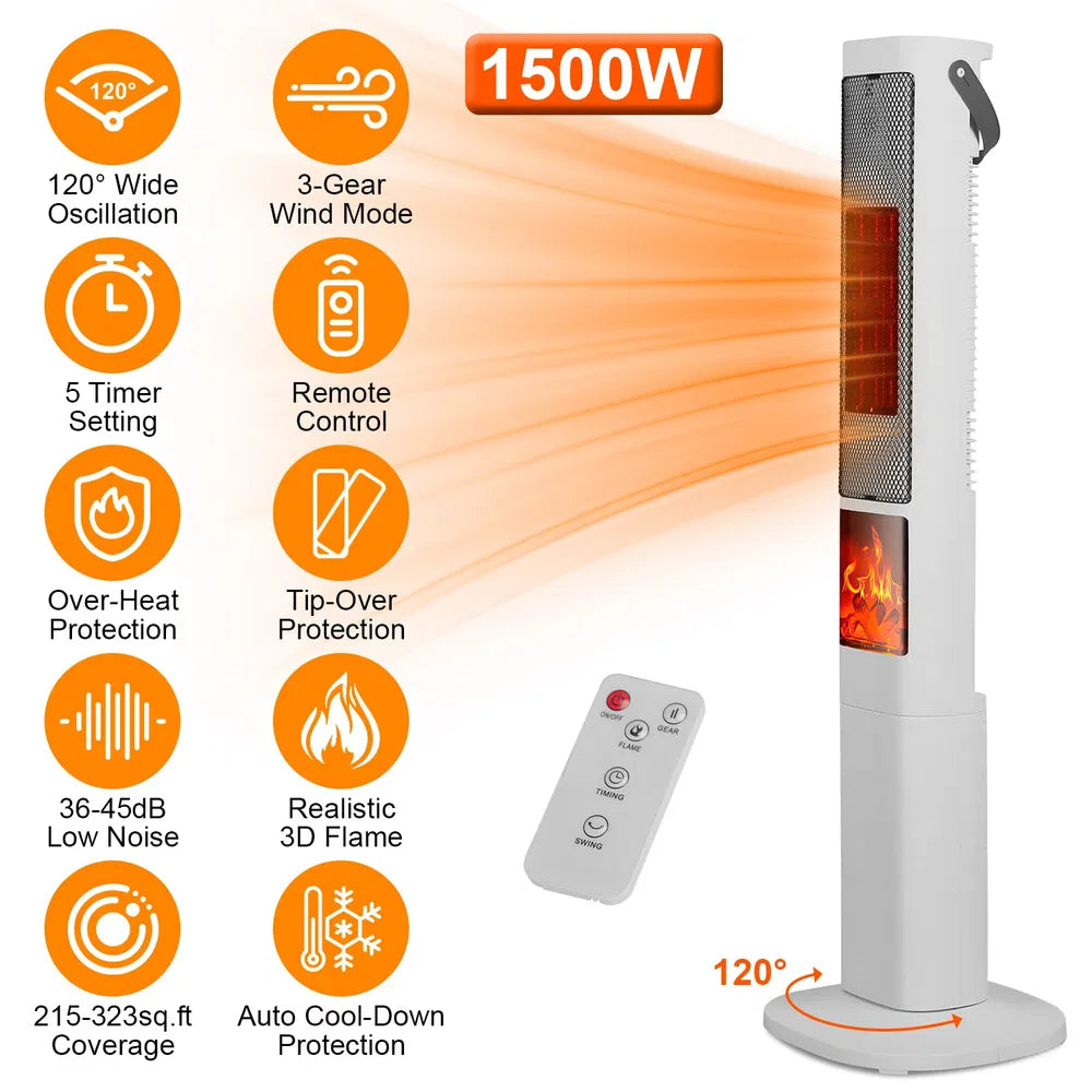 1500W Oscillating Ceramic Tower Space Heater With 3D Flame Portable Electric Heater With 3 Wind Modes Remote Control 5 Timer Overheat Tip-Over Protection For Bedroom Office