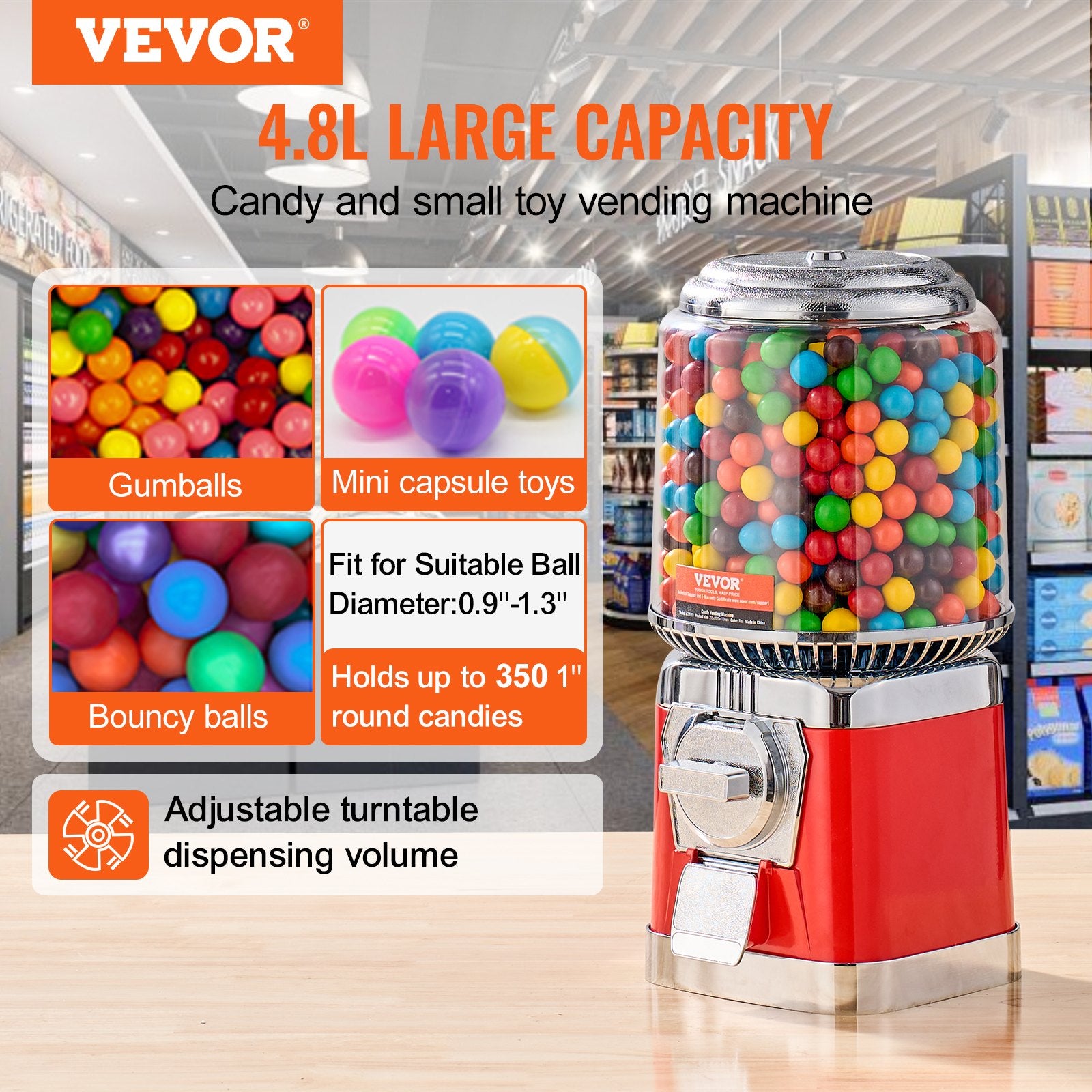 16'H Gumball Machine Vending Coin Bank Vintage Candy Dispenser PC Red