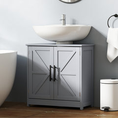 Farmhouse Pedestal Sink Storage Cabinet, Bathroom Sink Cabinet with 2 Barn Doors and Adjustable Shelf, Dark Gray