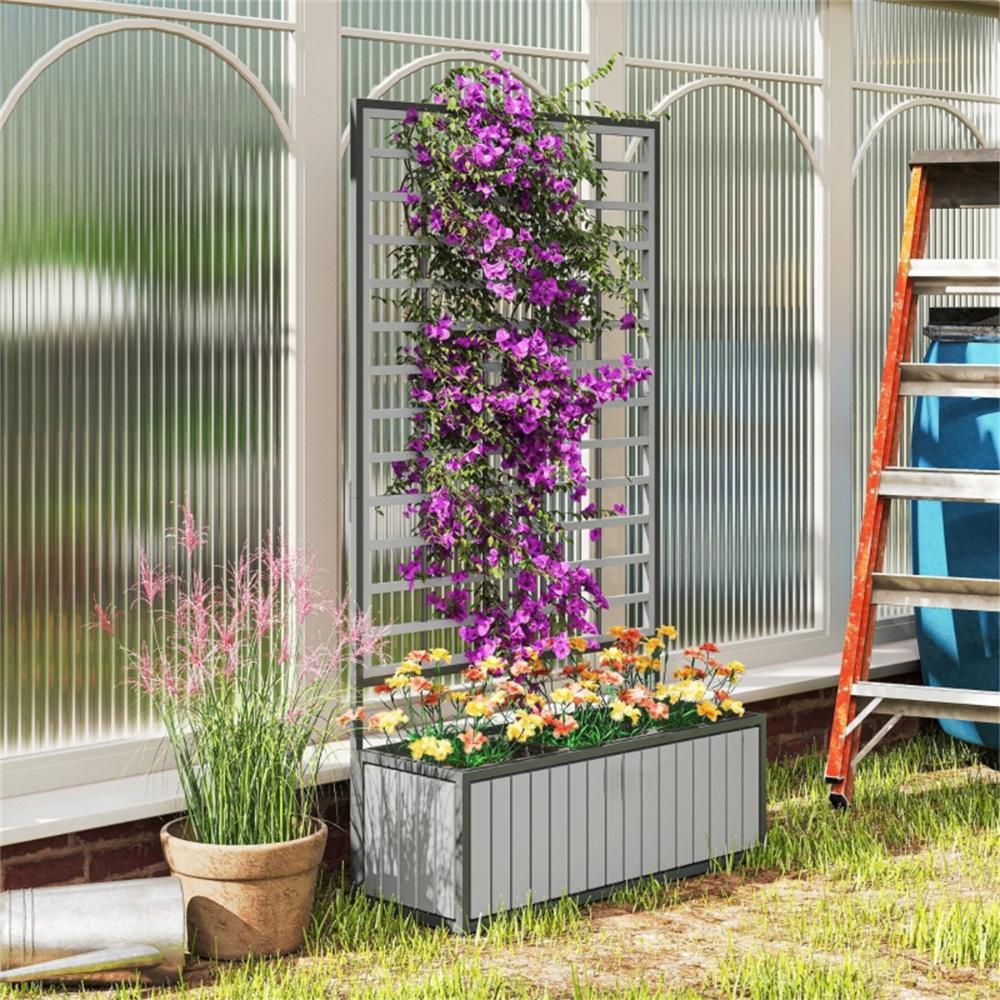 Wooden Raised Garden Bed With Trellis, Removable Pots-Gray