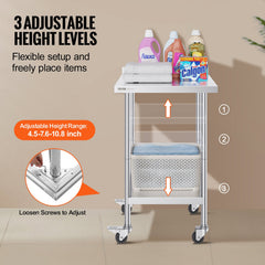 24 X 24 X 40 Inch Stainless Steel Work Table, Commercial Food Prep Worktable With Casters, Heavy Duty Prep Worktable, Metal Work Table With Adjustable Height For Restaurant, Home And Hotel
