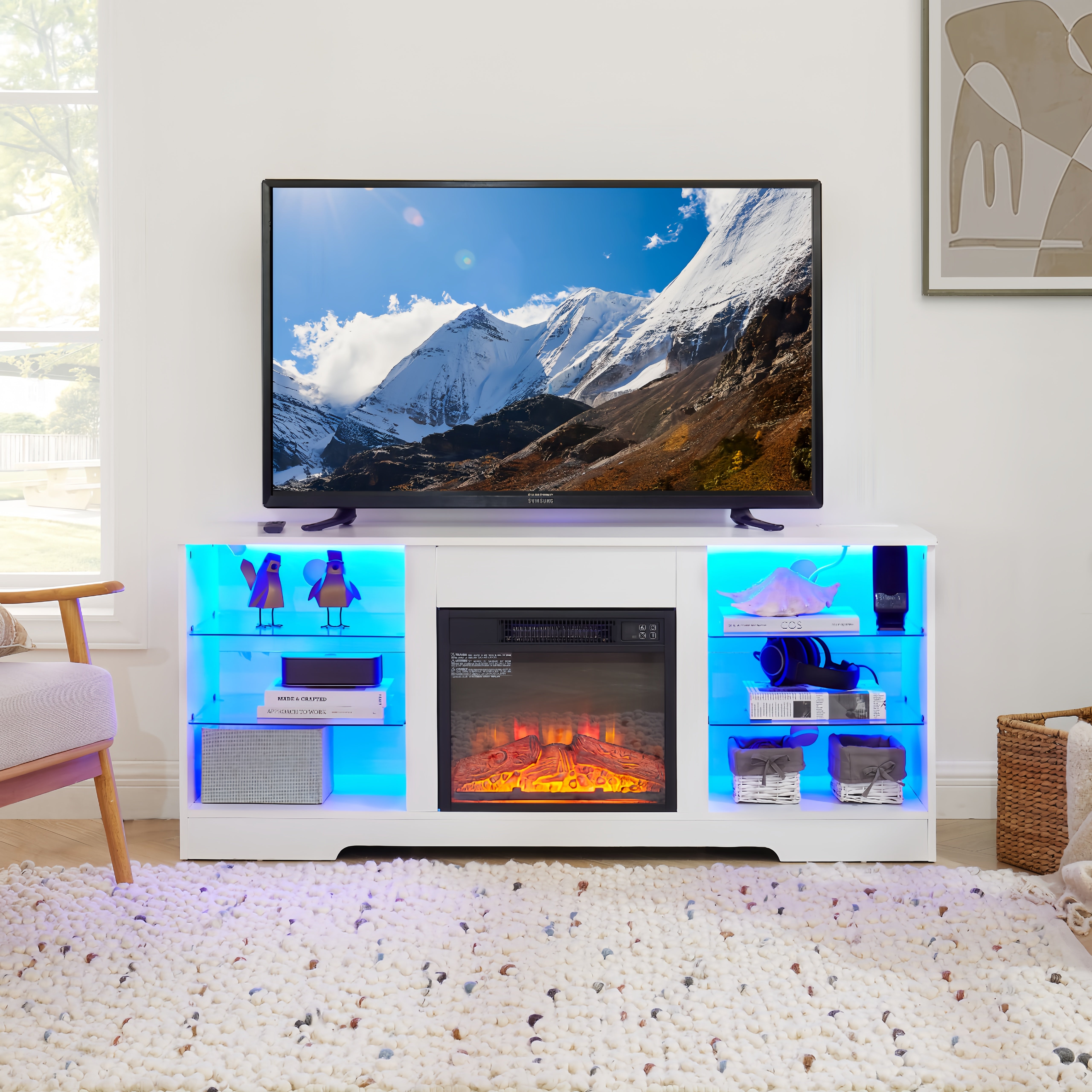 TV Stand Electric Fireplace  Glass Shelves, 3D Fireplace TV Stand With LED Lights Wood With USB Charging Outlet Modern Television Table Center For TV Up To 62 White, 58Wx15.5Dx24.4