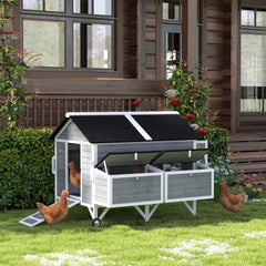59" Wooden Chicken Coop w/ Wheels, Handles, 2 Nesting Boxes, 2 Trays, 4 Perches, Chicken Tractor for 4-6 Chickens, Gray