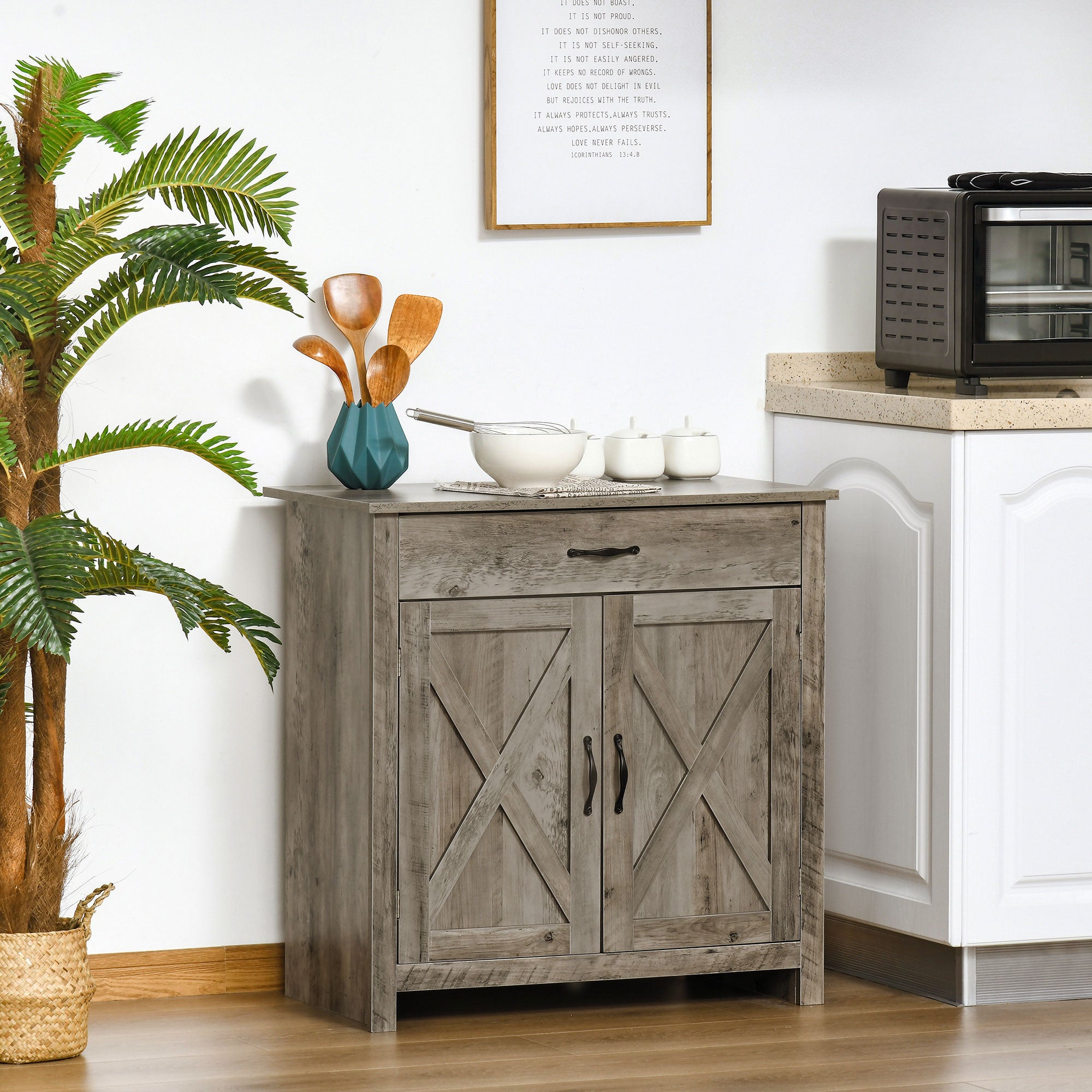Farmhouse Sideboard Buffet Cabinet, Barn Door Coffee Bar Cabinet with Drawer and Adjustable Shelf for Kitchen, Living Room, Entryway, Gray