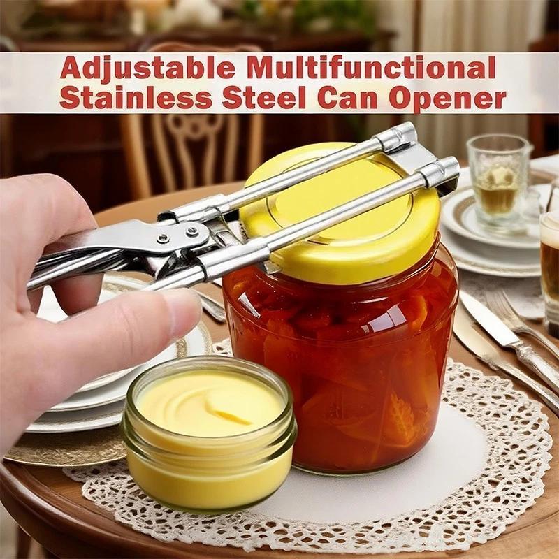 Multifunctional Adjustable Stainless Steel Can Opener Suitable For Those With Weak Hands Or Elderly People With Arthritis. Portable Metal Kitchen Utensil.