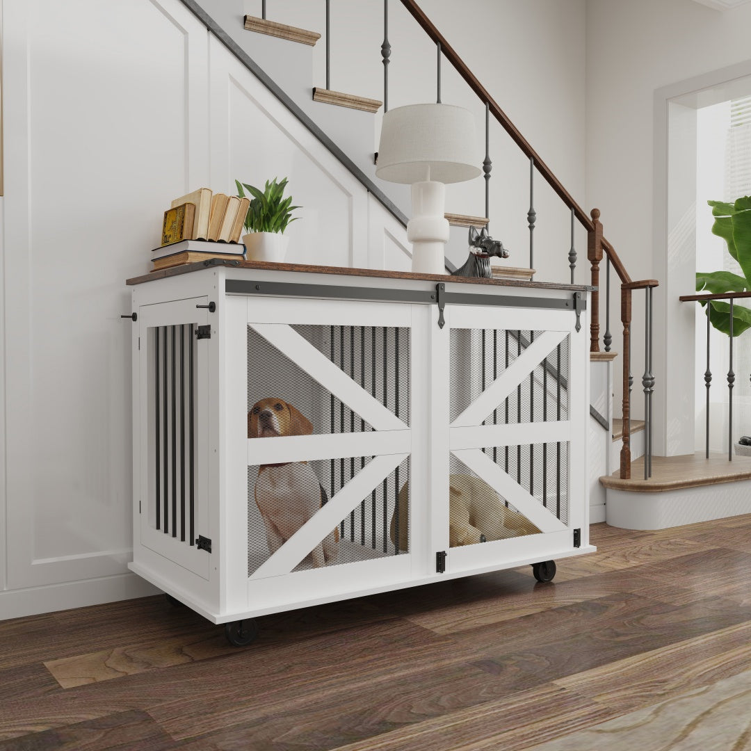 47.2 Mobile Dog Crate With Flip-Top Feeding Door, Dual-Access & 5 Caster System 2 Locking, Side Hooks - Multi-Functional Pet Kennel,double Dog Crate Furniture