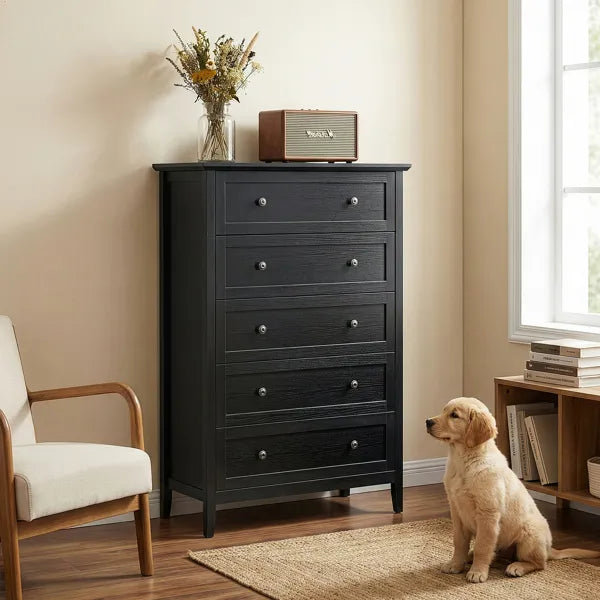 Black Embossed (SG017FD) P2 Particleboard + MDF Melamine 80*40*115cm Framed, Double Handles, Five Drawers Cabinet