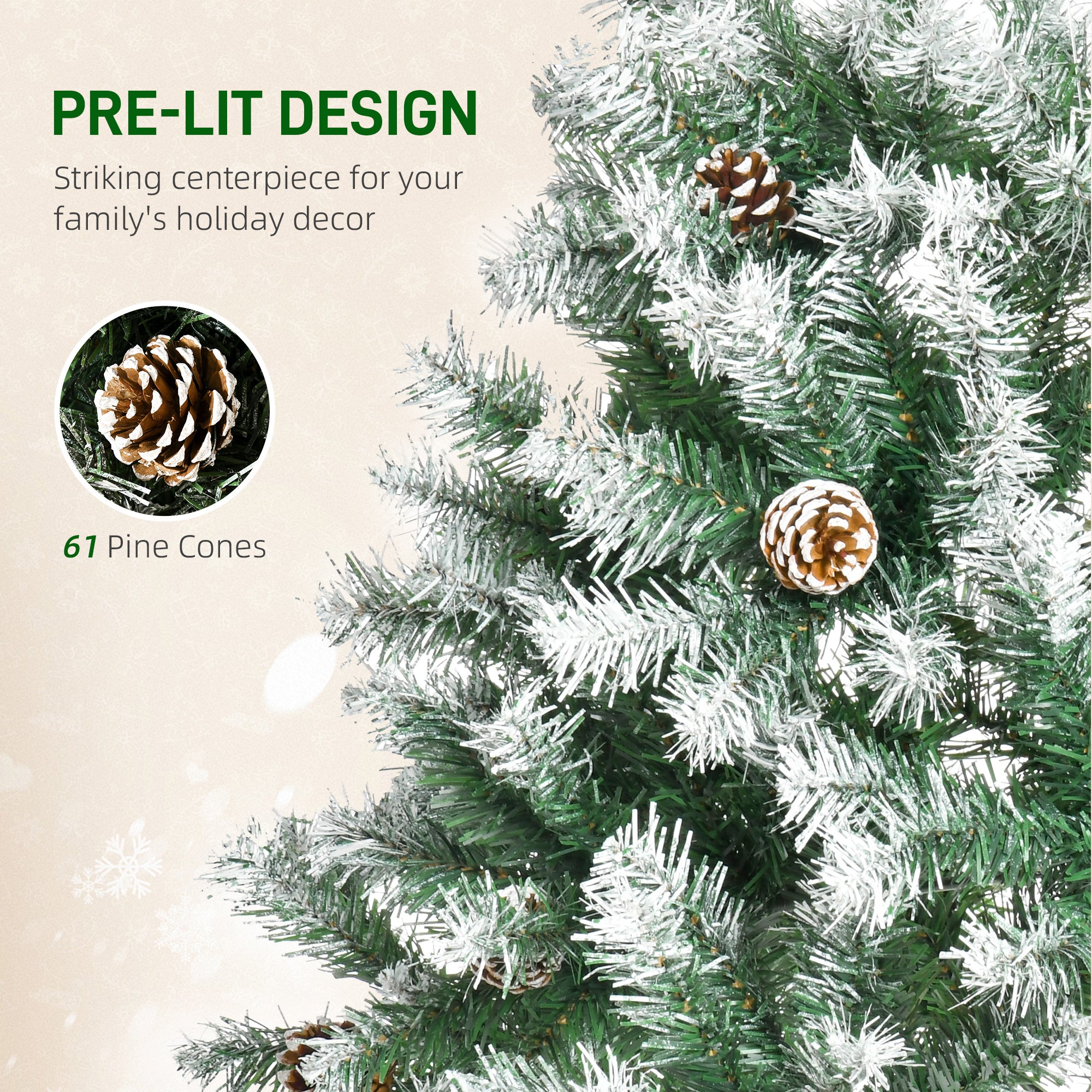 6ft Unlit Snow-Dusted Full Fir Artificial Christmas Tree with Realistic Branches, 61 Pine Cones and 800 Tips