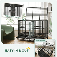48" Heavy Duty Dog Crate Metal Cage Kennel with Lockable Wheels, Double Door and Removable Tray, gray
