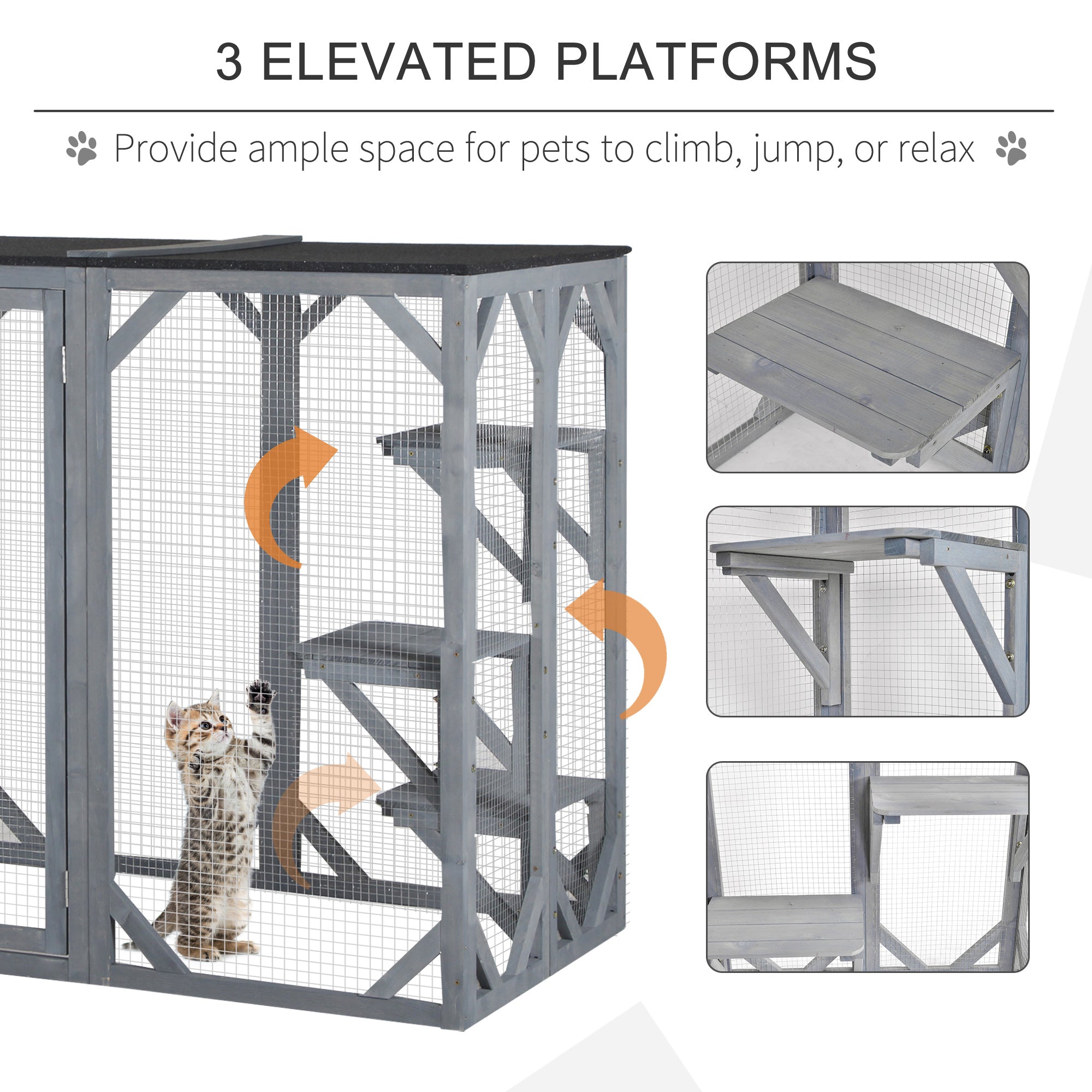 71" x 32" x 44" Large Wooden Outdoor Cat Enclosure Catio Cage With 3 Platforms, Gray