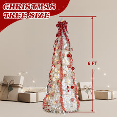 6 FT Fully Decorated Pre-lit Christmas Tree, Up Artificial Xmas Tree With 100 Warm Lights And Red Ornaments For Home Office Store Holiday Deco, White