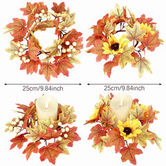 2 Pcs 9.8 Inch Fall Candle Rings Wreaths Candlestick Decorative Rattan Garland Maple Leaf Berries Sunflowers Candle Rings Autumn Wedding Parties Centerpieces