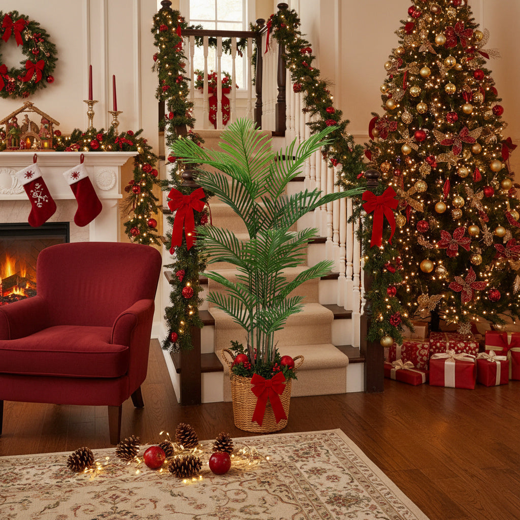 2PCS Set 5.2ft Artificial Palm Trees Natural Christmas Faux Tropical Potted Plants Perfect For Indoor Outdoor Home Office Garden Decor