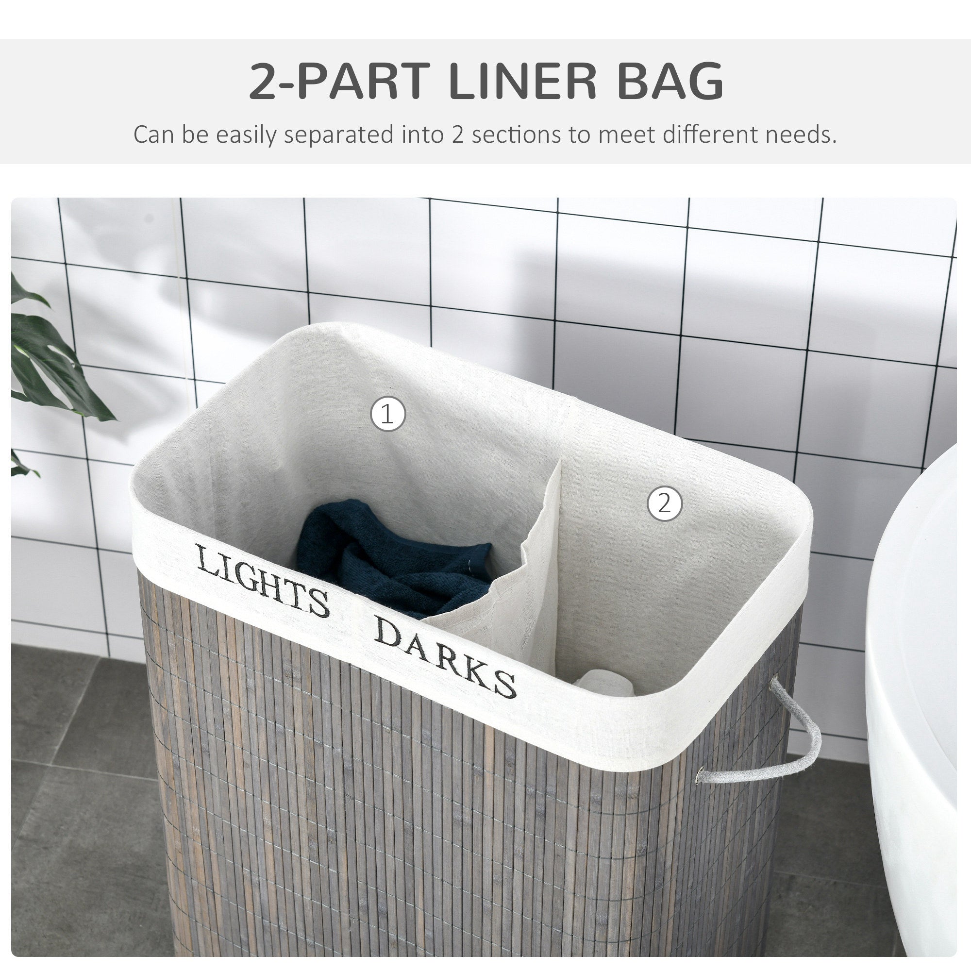 Bamboo Laundry Basket with Lid and String Handles, Collapsible Laundry Hamper with 2 Removable Bags, Gray